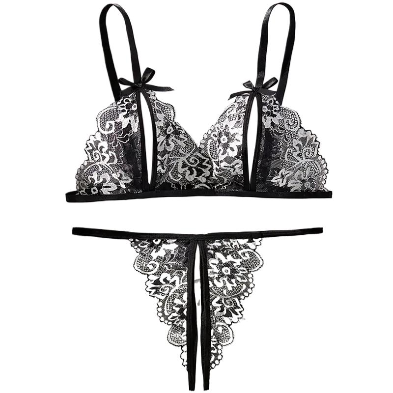 Lace Bralette Set - Zwart Hot Crotchless Sexy Vrouwen Kanten